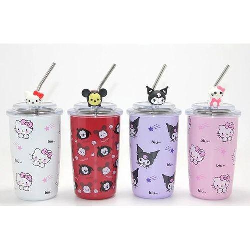 Sanrio Hello Kitty & Kuromi Figürlü Isı Muhafazalı Metal Pipetli Çelik Kupa Alk4428
