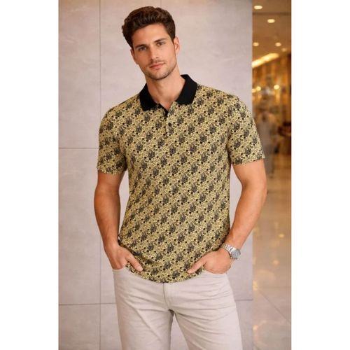 Erkek Pike Kumaş Polo Yaka Palmiye Desenli Tişört Kısa Kol Yazlık T-Shirt - Sarı