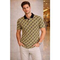 Erkek Pike Kumaş Polo Yaka Palmiye Desenli Tişört Kısa Kol Yazlık T-Shirt - Sarı