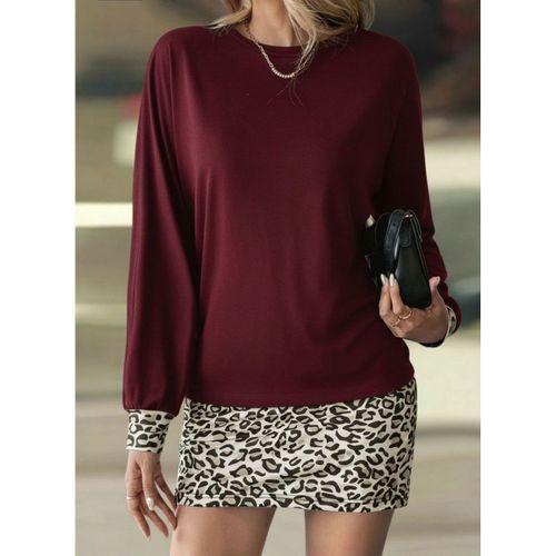 Kadın Uzun Kollu Bisiklet Yaka üst Viskon Iki Iplik Alt Leopar Desenli Mini Elbise