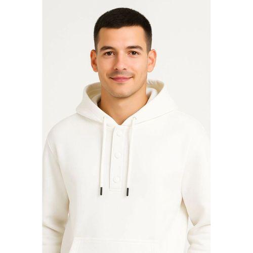 Erkek Ovarsize Kapüşonlu Swetshirt Kanguru Çepli Cıtcıtlı 3 Iplik Şardonlu Hoodie - Beyaz