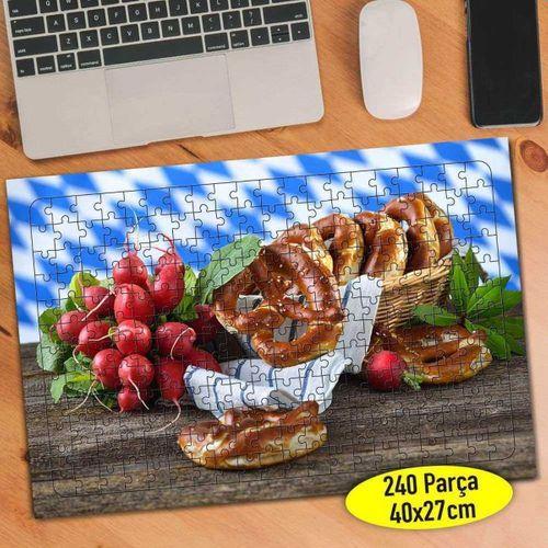 Hasır Piknik Sepetinde Simit Yiyecek 240 Parça Puzzle Yapboz-846