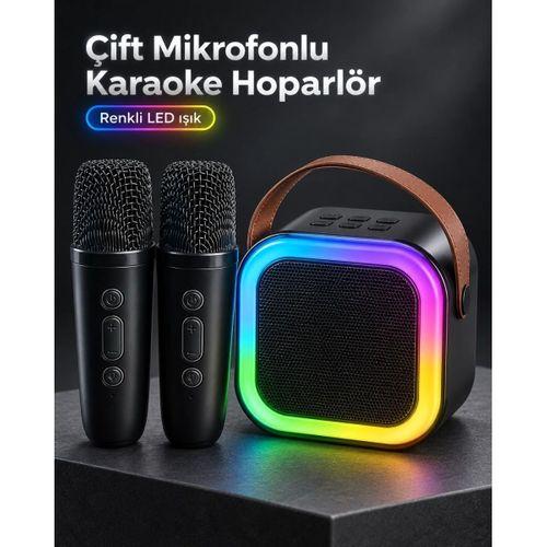 Taşıma Askılı Siyah Led Işıklı Bluetooth Hoparlör Çift Mikrofonlu Karaoke Seti