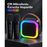 Taşıma Askılı Siyah Led Işıklı Bluetooth Hoparlör Çift Mikrofonlu Karaoke Seti