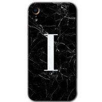 MRCİLETİSİM iPhone XR Kılıf HD Desen Baskılı Arka Kapak + Temperli Cam - Siyah Mermer Desenli I Harfi