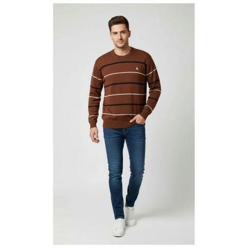 Erkek Bisiklet Yaka Cizgili Triko Kazak Yumuşak Dokulu Pamuklu Ince Dokuma, Uzun Kollu Rahat Regular Kalıp - Kahverengi