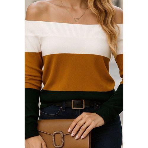 Kadın Uzun Kollu Omuzlardan Açık Uzun Kollu Blok çizgili Triko Bluz