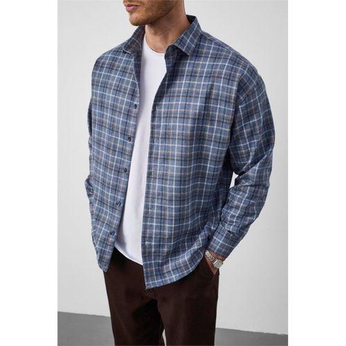 Carol Relaxed Fit Pamuklu Çizgili Flanel Erkek Gömlek - Mavi