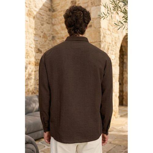 Pera Kumaş Keten Görünümlü Yarım Oversize Uzun kollu Erkek Gömlek - Kahve