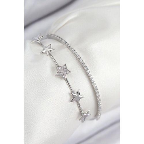 Pirinç Zirkon Taşlı Yıldız Model Gümüş Renk Kadın Bileklik
