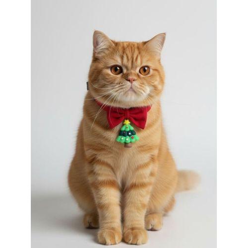 Christmas Tree Yılbaşı Kedi Papyon Tasması | Kırmızı Fiyonk Boyun Aksesuarı | Noel Temalı Kedi Süsü