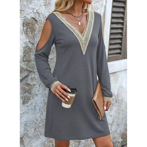 Kadın Uzun Kollu Omuzdan Açık V Dantel Yakalı Mini Waffle Elbise
