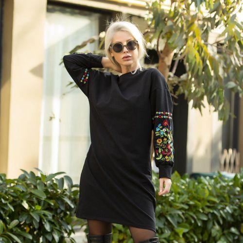 Lucky Life Kadın Iki İplik Kumaş Kolları Nakışlı Bisiklet Yaka Elbise 90cm