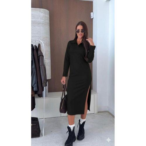 Kadın Uzun Kollu Yakalı Yandan Yırtmaçlı Midi Modal Elbise