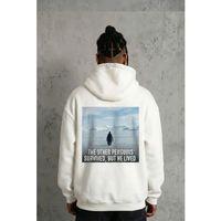 Siyah Oversize Hoodie - Sırt Baskılı Survivor Penguin Temalı, Felsefi Yazılı Kapüşonlu Sweatshirt - Beyaz