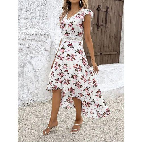 Kadın Kısa Kollu V Yakalı çiçek Desenli önü Kısa Arkası Uzun Süprem Elbise