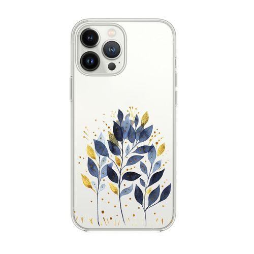 iPhone 14 Pro Uyumlu Mavi Yaprak Desenli Şeffaf Silikonlu Telefon Kılıfı