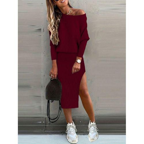 Kadın Uzun Kollu Düşük Omuz Yırtmaç Detay Kaşkorse Etek Bluz Ikili Takım