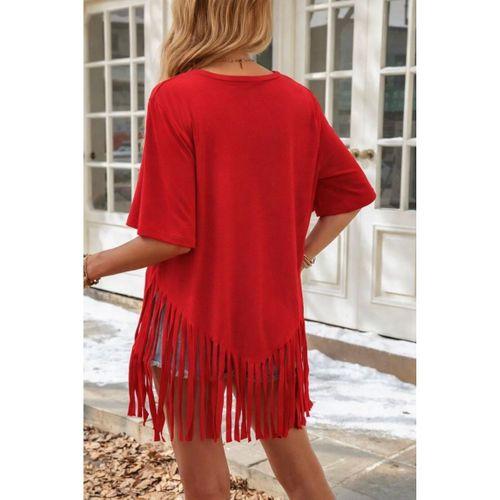 Kadın Kısa Kollu Bisiklet Yaka Püsküllü Viskon Bluz