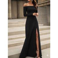 Kadın Uzun Kollu Madonna Yakalı Yırtmaç Detaylı Uzun Ithal Krep Elbise