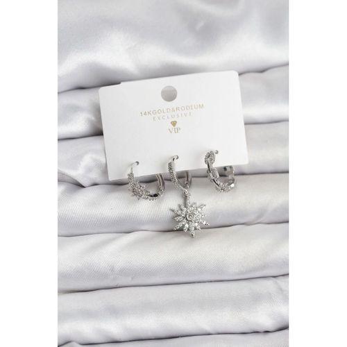 Pirinç Gümüş Renk Kutup Yıldızı Model 3'lü Kadın Küpe Seti