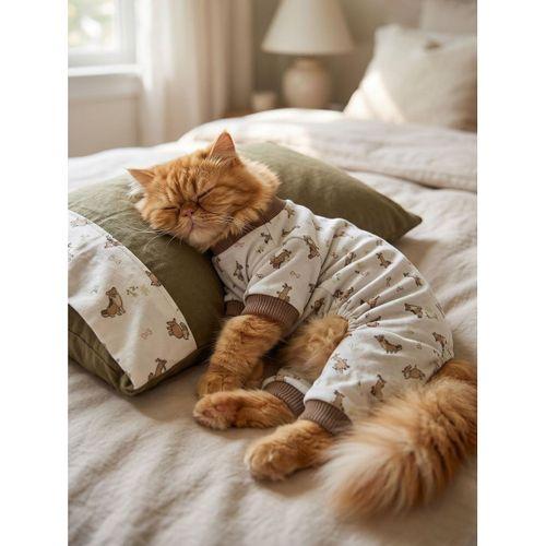 Breeds & Friends Uyku Takımı | Desenli Pamuklu Penye Kedi Tulumu ve Mini Yastık | Tüy Dökülmesini Azaltır