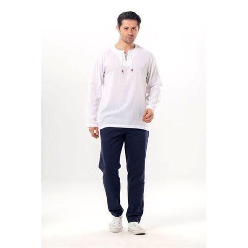 Büyük Beden Şile Bezi Uzun Kol Zımbalı Erkek Yazlık Tshirt Beyaz 3001