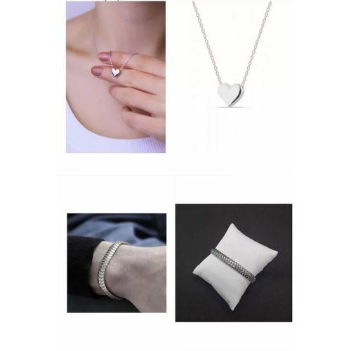 2'Lİ Set - Gümüş Renk Taşsız Kalp Kolye, Unisex Yassı Tırtıl Birbirine Geçmeli Bileklik SNJ-SET1010