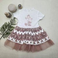 1-2-3 Yaş Payetli Mickey Baskılı Brode Etekli Kız Bebek Elbisesi Gül Kurusu