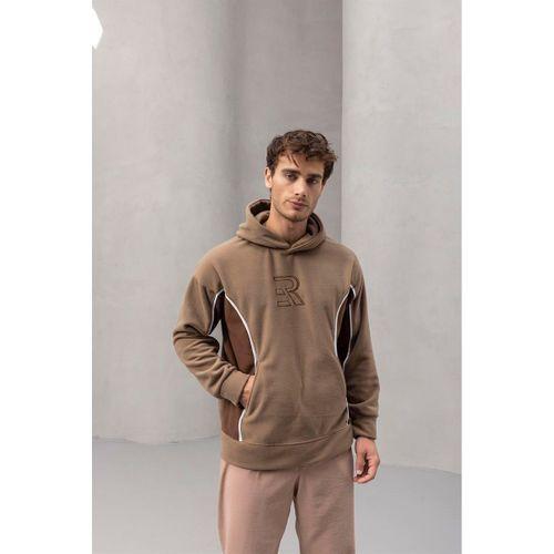 Frank Parçalı Kontrast Desenli Kapüşonlu Oversize Cepli Polar Erkek Sweatshirt - Bej