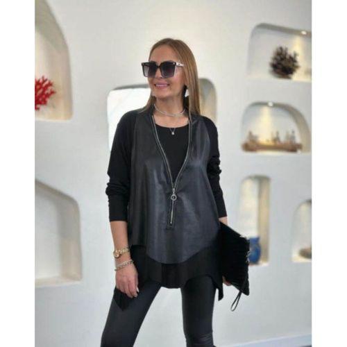 Kadın Uzun Kollu Asimetrik Kesim Viskon Bluz Ve çatlak Deri Görünümlü Yelek Ikili Takım
