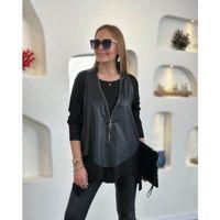 Kadın Uzun Kollu Asimetrik Kesim Viskon Bluz Ve çatlak Deri Görünümlü Yelek Ikili Takım