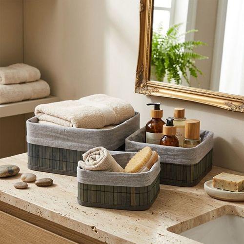 Kare Bambu Kenarlı Organizer Sepet - Bezli Ahşap Taban (3 Boy, 17x21x25 cm)