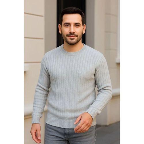 Erkek Fitilli Triko Kazak 3lü Set Gri Haki Siyah Regular Fit Bisiklet Yaka Triko Seti Modeli Kazak