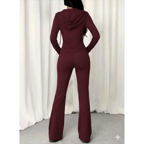 Kadın Uzun Kollu Kapşonlu Bağcıklı önü Fermuarlı Viskon Iki Iplik Bluz Ve Pantolon Ikili Takım