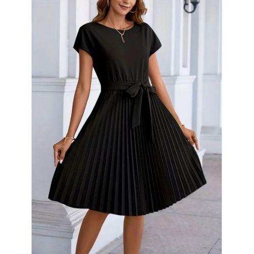 Lucky Life Kadın Kısa Kollu Eteği Pileli Beli Bağcıklı Midi Krep Elbise