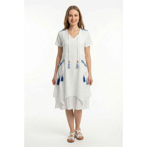 Kısa Kol Nil Vual Diz Boyu Çift Cepli Nakışlı Yazlık Elbise Beyaz Byz