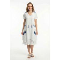 Kısa Kol Nil Vual Diz Boyu Çift Cepli Nakışlı Yazlık Elbise Beyaz Byz