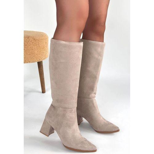 Roksa Bej Süet Topuklu Çizme