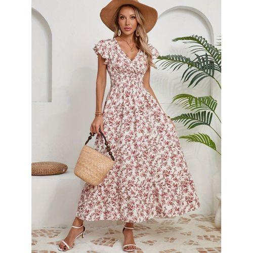 Kadın Kısa Kollu Kruvaze Yaka Beli Lastikli çiçek Desenli Elbise