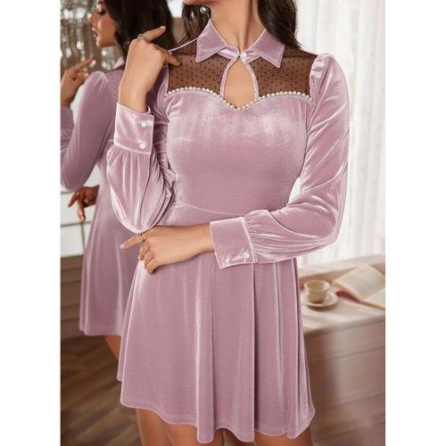 Kadın Uzun Kollu Yakalı Tül Detaylı Incili Mini Kadife Elbise