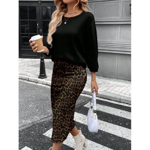 Kadın Uzun Kollu Bisiklet Yaka Modal Bluz Ve Leopar Desenli Etek Ikili Takım
