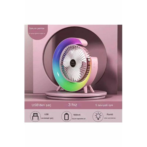 Masaüstü Vantilatör Usb Şarjlı Rgb Led Işıklı 3 Kademeli 180° Ayarlanabilir Soğutucu Fan Pembe