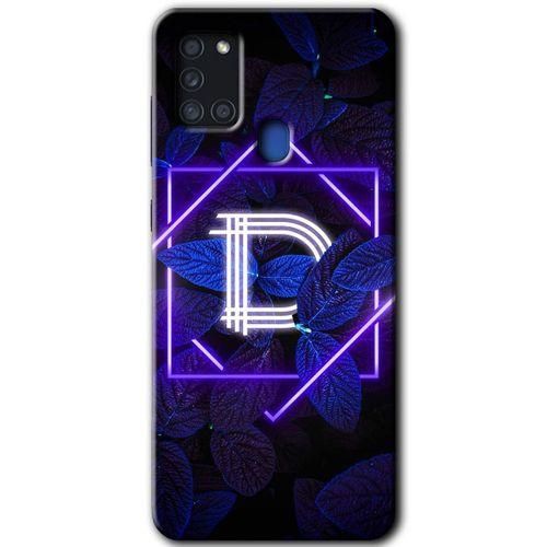 Samsung Galaxy A21s HD Baskılı Kılıf + 9D Tam Ekran Koruyucu - Dark Neon Yaprak D Harfi