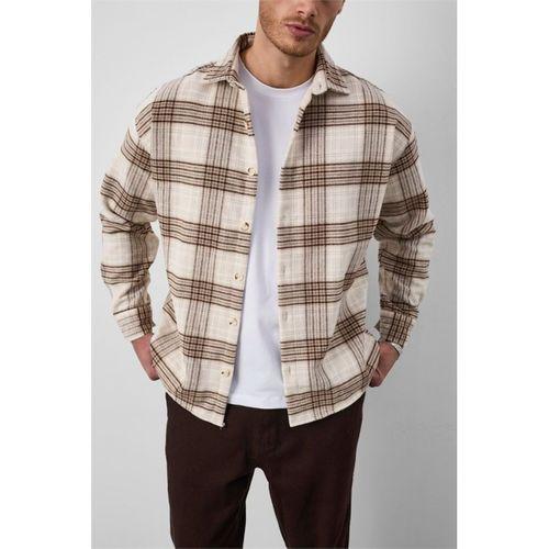 Brandon Relaxed Fit Pamuklu Geniş Çizgili Oduncu Erkek Gömlek - Açık Bej