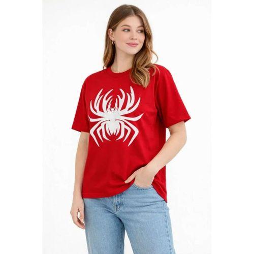 Örümcek Baskılı Tişört Kısa Kollu Bisiklet Yaka T-Shirt - Kırmızı