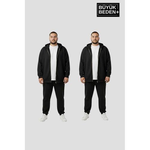 Erkek Büyük Beden Fermuarlı Kapüşonlu 2 li Set ince Sweatshirt Hırka - Rahat Kalıp SPR26BHR960+2