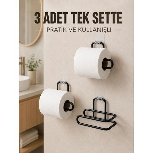 3 Adet Siyah Rulo Kağıt Tutucu Yapışkanlı Duvar Tipi Pratik Kağıtlık Seti