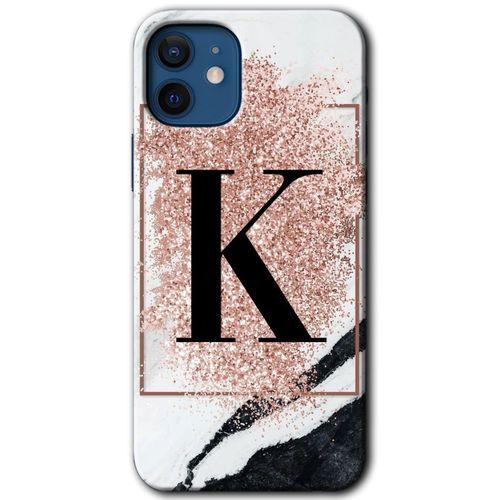 iPhone 12 Kılıf Baskılı Kapak - Pembe Mermer Desenli K Harfi +Tam Kaplayan Mat Seramik