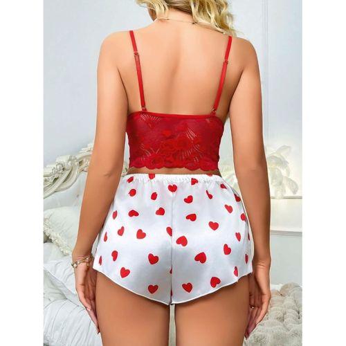 Kadın Kırmızı Kalp Desenli Şortlu Askılı Dantel Detaylı Pijama Takımı